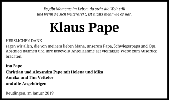 Anzeige von Klaus Pape von Reutlinger General-Anzeiger