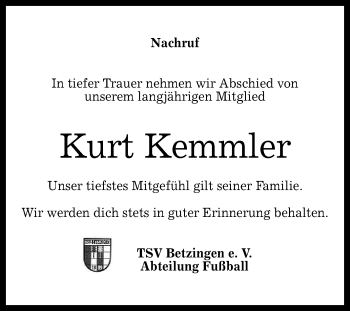 Anzeige von Kurt Kemmler von Reutlinger General-Anzeiger