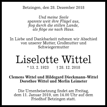 Anzeige von Liselotte Wittel von Reutlinger General-Anzeiger