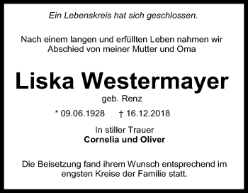 Anzeige von Liska Westermayer von Reutlinger General-Anzeiger