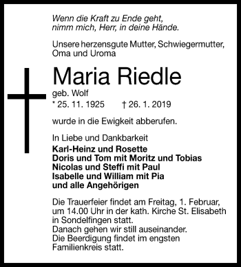 Anzeige von Maria Riedle von Reutlinger General-Anzeiger
