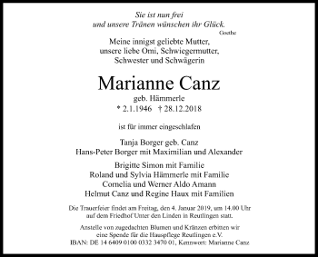 Anzeige von Marianne Canz von Reutlinger General-Anzeiger