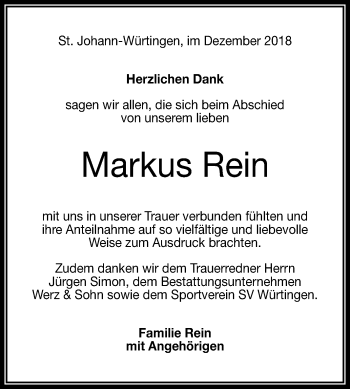 Anzeige von Markus Rein von Reutlinger General-Anzeiger