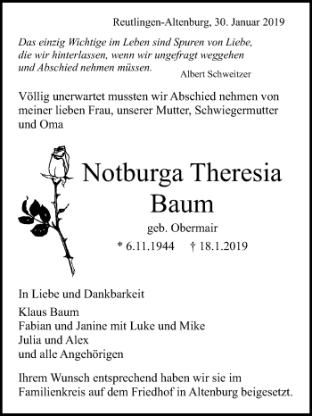 Anzeige von Notburga Theresia Baum von Reutlinger General-Anzeiger