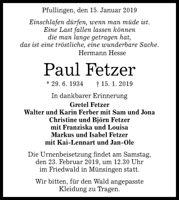 Anzeige von Paul Fetzer von Reutlinger General-Anzeiger