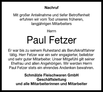 Anzeige von Paul Fetzer von Reutlinger General-Anzeiger