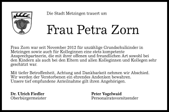 Anzeige von Petra Zorn von Reutlinger General-Anzeiger