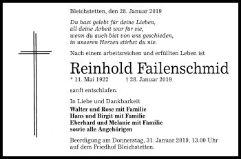 Anzeige von Reinhold Failenschmid von Reutlinger General-Anzeiger