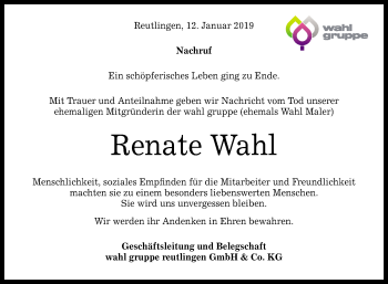 Anzeige von Renate Wahl von Reutlinger General-Anzeiger