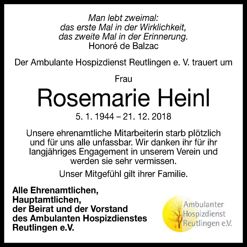  Traueranzeige für Rosemarie Heinl vom 11.01.2019 aus Reutlinger General-Anzeiger