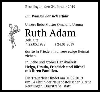 Anzeige von Ruth Adam von Reutlinger General-Anzeiger
