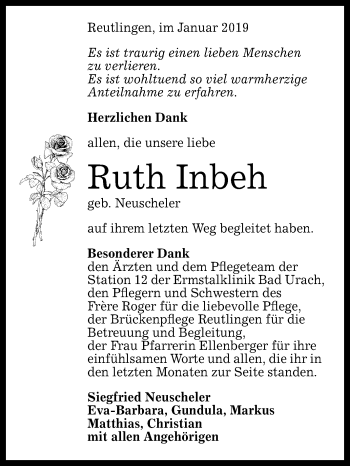 Anzeige von Ruth Inbeh von Reutlinger General-Anzeiger