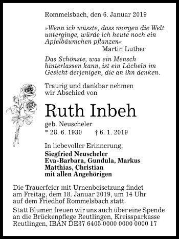 Anzeige von Ruth Inbeh von Reutlinger General-Anzeiger
