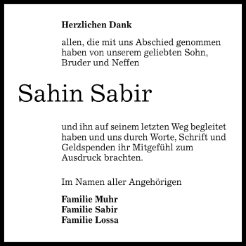 Anzeige von Sahin Sabir von Reutlinger General-Anzeiger