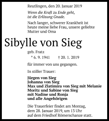Anzeige von Sibylle von Sieg von Reutlinger General-Anzeiger