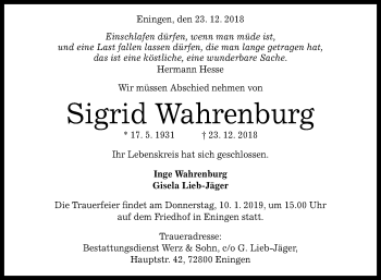 Anzeige von Sigrid Wahrenburg von Reutlinger General-Anzeiger