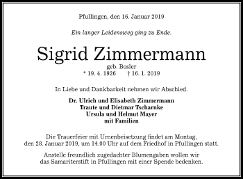 Anzeige von Sigrid Zimmermann von Reutlinger General-Anzeiger