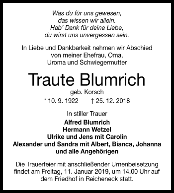 Anzeige von Traute Blumrich von Reutlinger General-Anzeiger