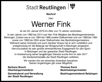 Anzeige von Werner Fink von Reutlinger General-Anzeiger