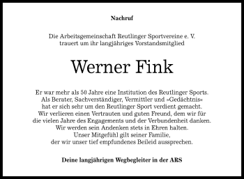 Anzeige von Werner Fink von Reutlinger General-Anzeiger