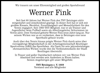 Anzeige von Werner Fink von Reutlinger General-Anzeiger