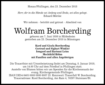 Anzeige von Wolfram Borcherding von Reutlinger General-Anzeiger