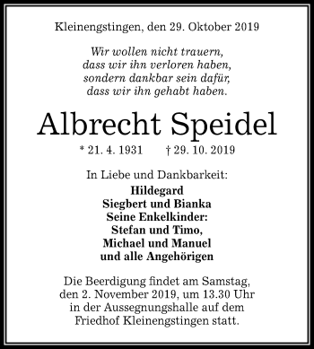 Anzeige von Albrecht Speidel von Reutlinger General-Anzeiger