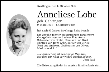 Anzeige von Anneliese Lobe von Reutlinger General-Anzeiger