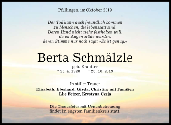 Anzeige von Berta Schmälzle von Reutlinger General-Anzeiger