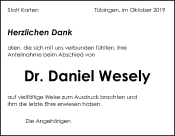 Anzeige von Daniel Wesely von Reutlinger General-Anzeiger