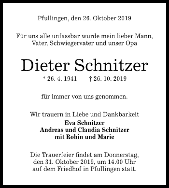 Anzeige von Dieter Schnitzer von Reutlinger General-Anzeiger