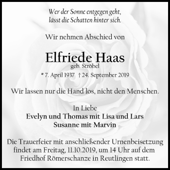 Anzeige von Elfriede Haas von Reutlinger General-Anzeiger
