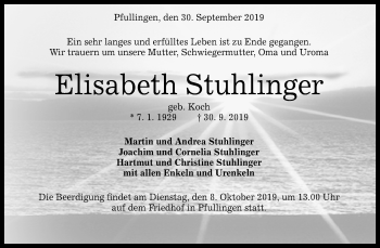 Anzeige von Elisabeth Stuhlinger von Reutlinger General-Anzeiger