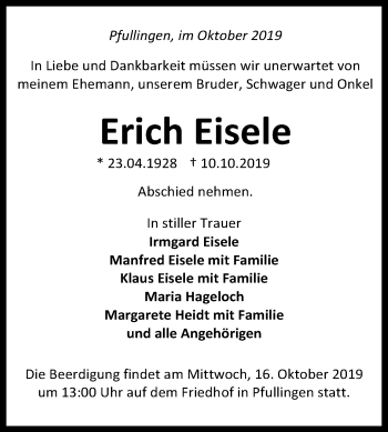 Anzeige von Erich Eisele von Reutlinger General-Anzeiger