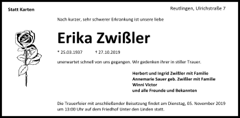 Anzeige von Erika Zwißler von Reutlinger General-Anzeiger