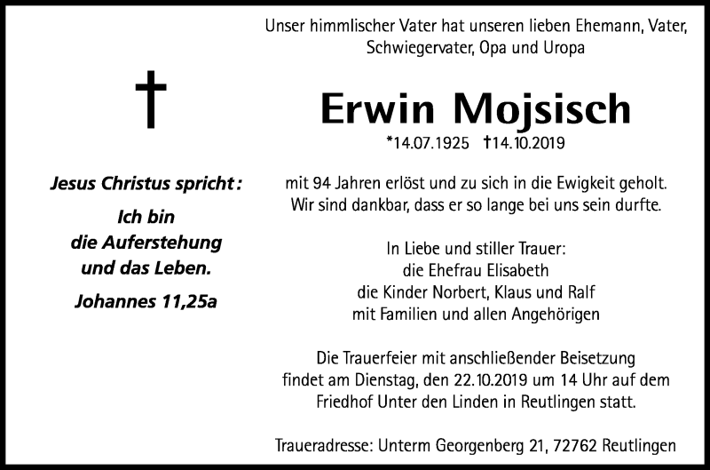  Traueranzeige für Erwin Mojsisch vom 19.10.2019 aus Reutlinger General-Anzeiger