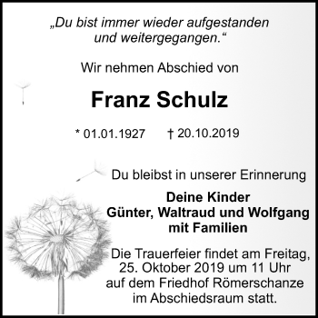Anzeige von Franz Schulz von Reutlinger General-Anzeiger