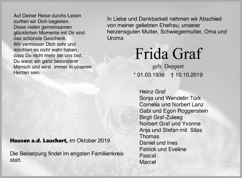  Traueranzeige für Frida Graf vom 17.10.2019 aus Reutlinger General-Anzeiger