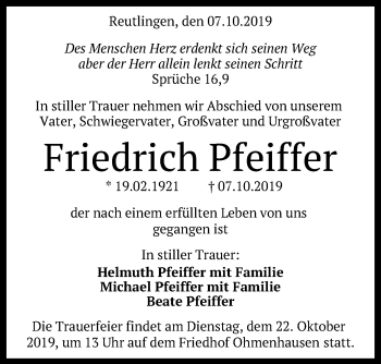 Anzeige von Friedrich Pfeiffer von Reutlinger General-Anzeiger