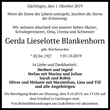 Anzeige von Gerda Lieselotte Blankenhorn von Reutlinger General-Anzeiger