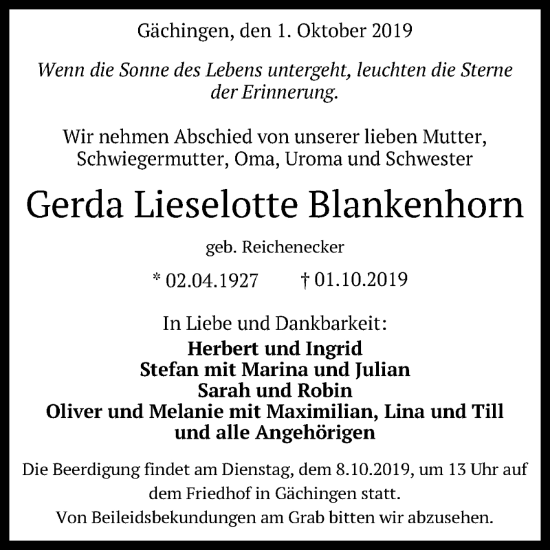  Traueranzeige für Gerda Lieselotte Blankenhorn vom 05.10.2019 aus Reutlinger General-Anzeiger