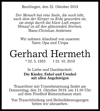 Anzeige von Gerhard Hermeth von Reutlinger General-Anzeiger