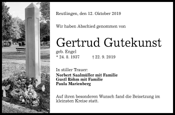 Anzeige von Gertrud Gutekunst von Reutlinger General-Anzeiger