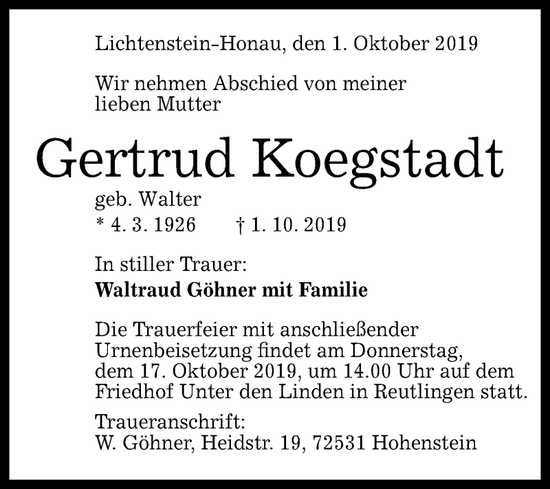  Traueranzeige für Gertrud Koegstadt vom 14.10.2019 aus Reutlinger General-Anzeiger
