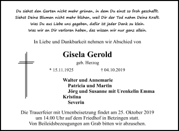 Anzeige von Gisela Gerold von Reutlinger General-Anzeiger