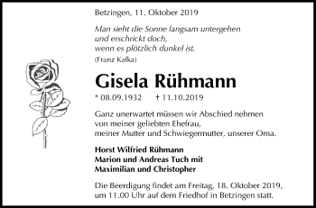Anzeige von Gisela Rühmann von Reutlinger General-Anzeiger