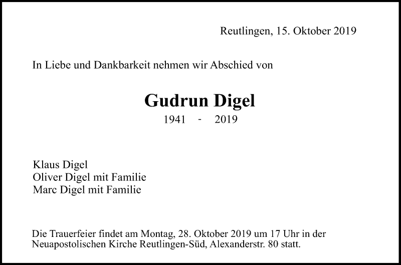  Traueranzeige für Gudrun Digel vom 26.10.2019 aus Reutlinger General-Anzeiger