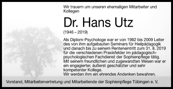 Anzeige von Hans Utz von Reutlinger General-Anzeiger