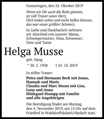 Anzeige von Helga Musse von Reutlinger General-Anzeiger