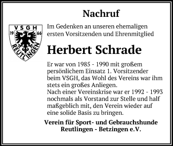 Anzeige von Herbert Schrade von Reutlinger General-Anzeiger